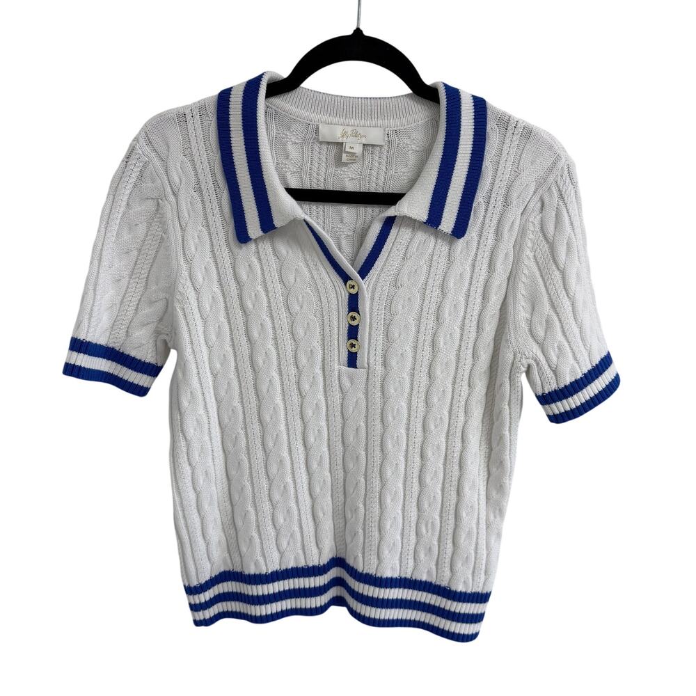 Lilly Pulitzer Suzette Short Sleeve Polo Sweater White Martinique Blue Medium - Picture 2 of 8